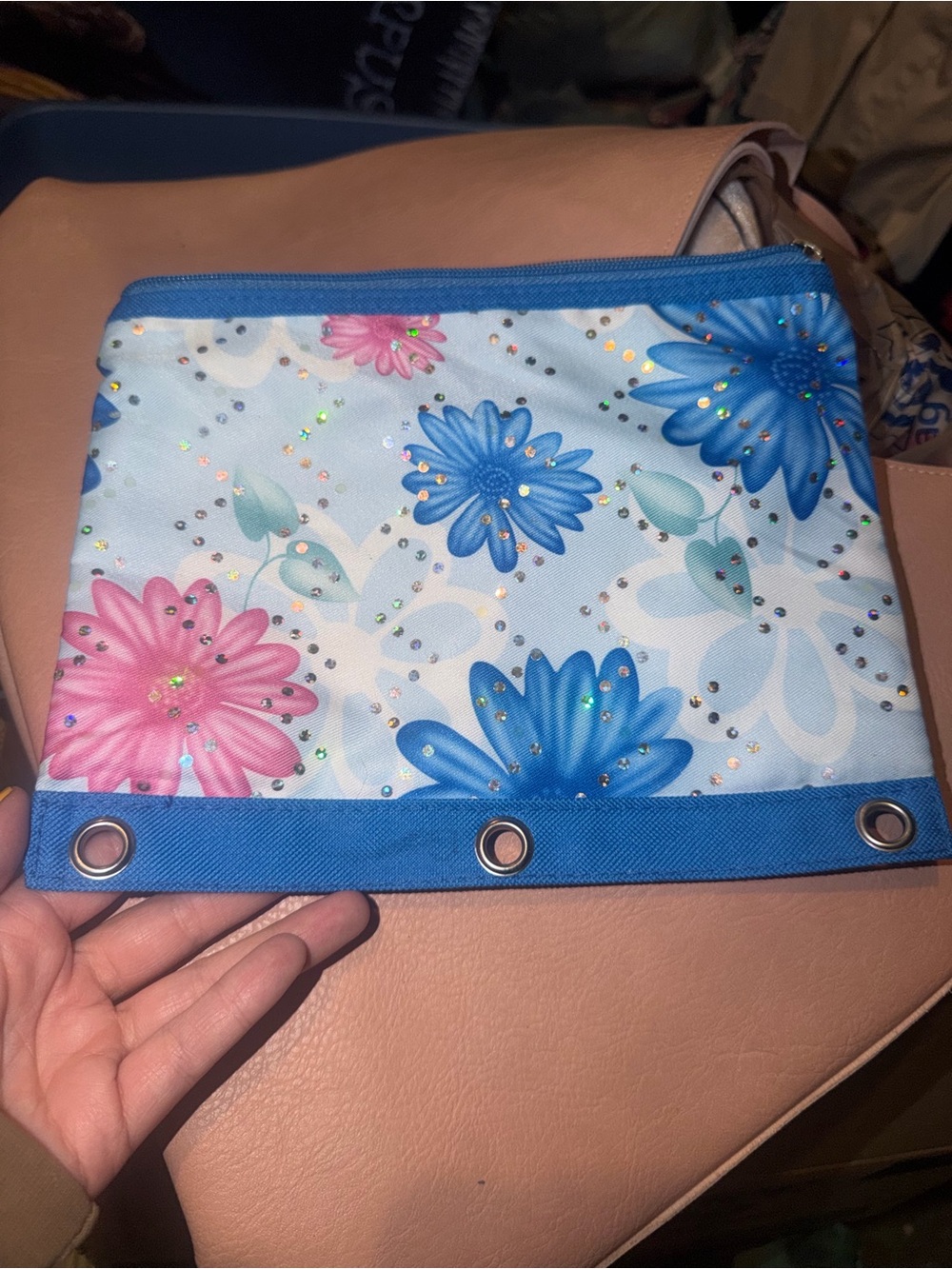 Pink and blue floral pencil bag/makeup bag with the binder holes